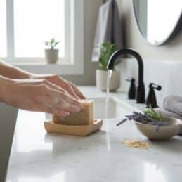 Lavender Oatmeal Natural Bar Soap by sink