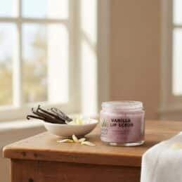 Vanilla Lip Scrub 40g on counter with vanilla