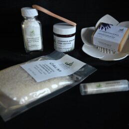 Lavender Gift Bath Collection Boxed Set contents closeup