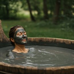 Relaxing woman enjoys a natural mud bath in a wooden tub outdoors.