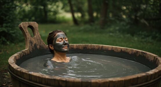 Relaxing woman enjoys a natural mud bath in a wooden tub outdoors.