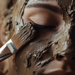 Woman applying mud face mask for skincare treatment at home or spa