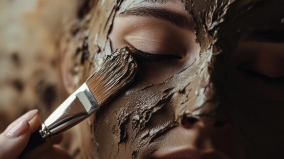 Woman applying mud face mask for skincare treatment at home or spa