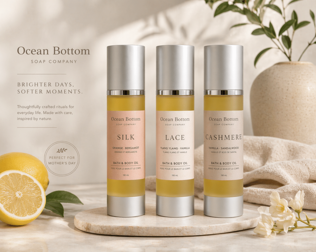 Three Ocean Bottom bath & body oil bottles (Silk, Lace, Cashmere) on a round stone platform with a lemon and green plants in a soft beige background.