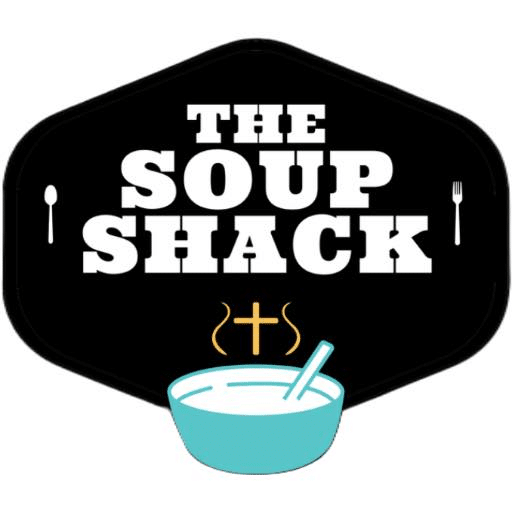 Logo for The Soup Shack: bold white text on a black shield with a turquoise soup bowl emitting steam at the bottom and simple fork and spoon silhouettes on the sides.